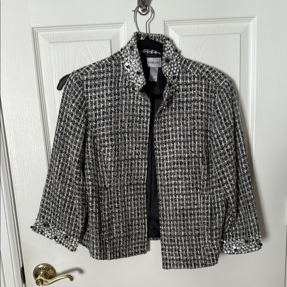 Chico's Black and White Blazer open style  Houndstooth size 1 with embellishment - Picture 1 of 5